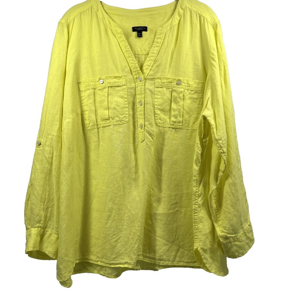 Talbots Women's Blouse Top Size 2X Petite 2XP 100% Linen Solid Yellow Roll Tab‎